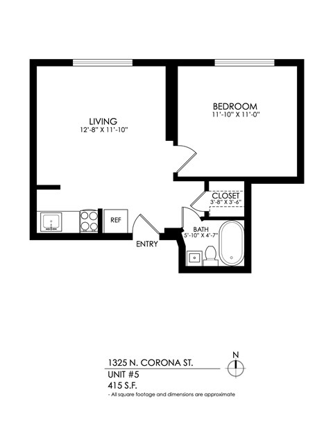 Floor plan for 1 bed, 1 bath, 505 sqft